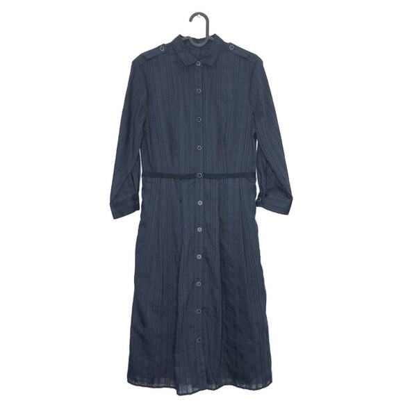 ATM Shirt Dress Pockets Pleated Stripe Button Navy Midi Knee Length Small - Picture 1 of 10